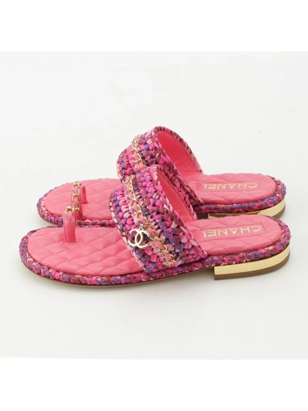 Chanel Leather Tweed CC Logo Chain Flat Sandals Pink 37C